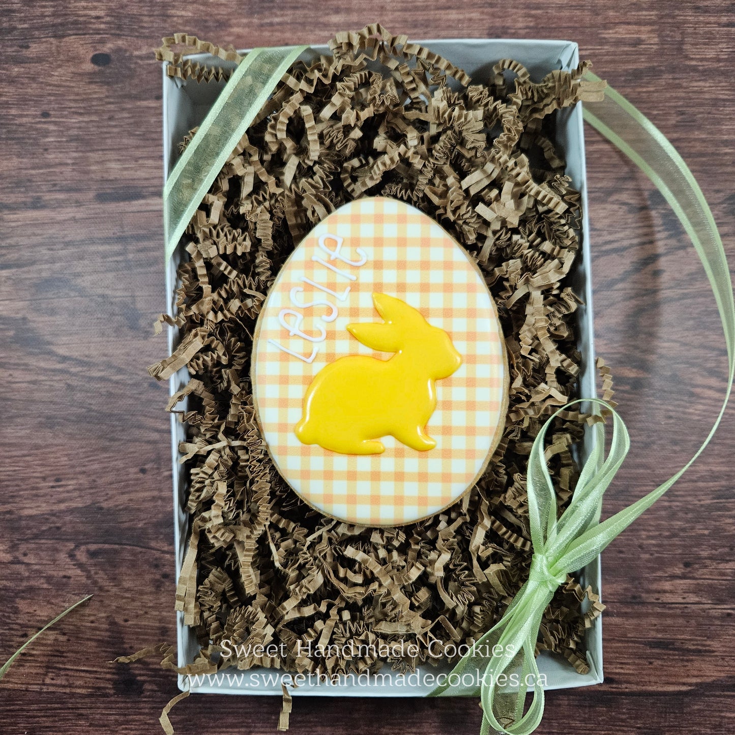 Easter Bunny on an Egg Cookie in Yellow, Personalized