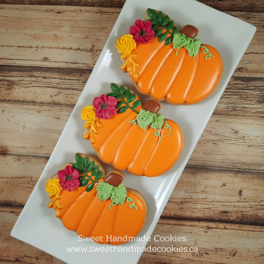 Thanksgiving Pumpkins with Flowers and Leaves Cookies (Sold Individually)